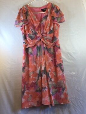 Jessica Howard Petite 14P Floral Chiffon Midi Dress Pink Wedding Guest Church